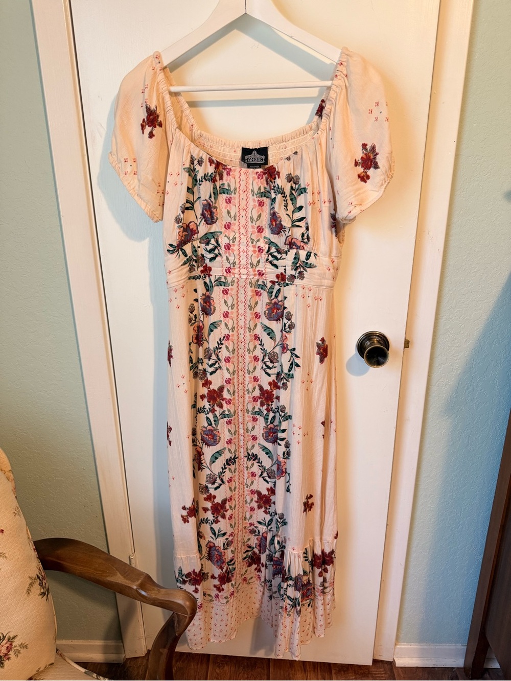 Boho Floral Embroidered Cream Midi Dress